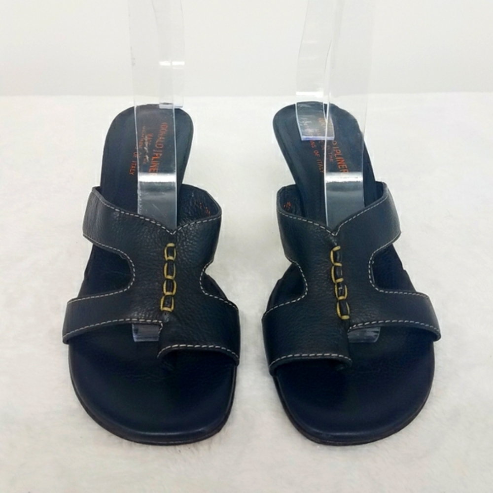 Donald J Pliner Black Leather Kitten Heel Slip-on Sandals Made in Italy Size 7.5